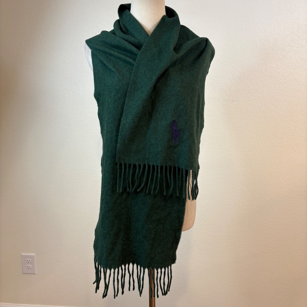 Polo Ralph Lauren Scarf Unisex OS Green Vintage Lambswool Italy Fringe Big Pony